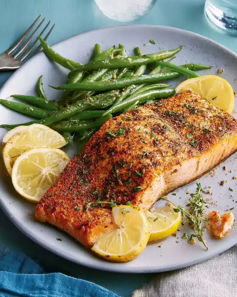 Easy 5-Ingredient Salmon 3 Salmon fillets sizzling in a pan with lemon and garlic