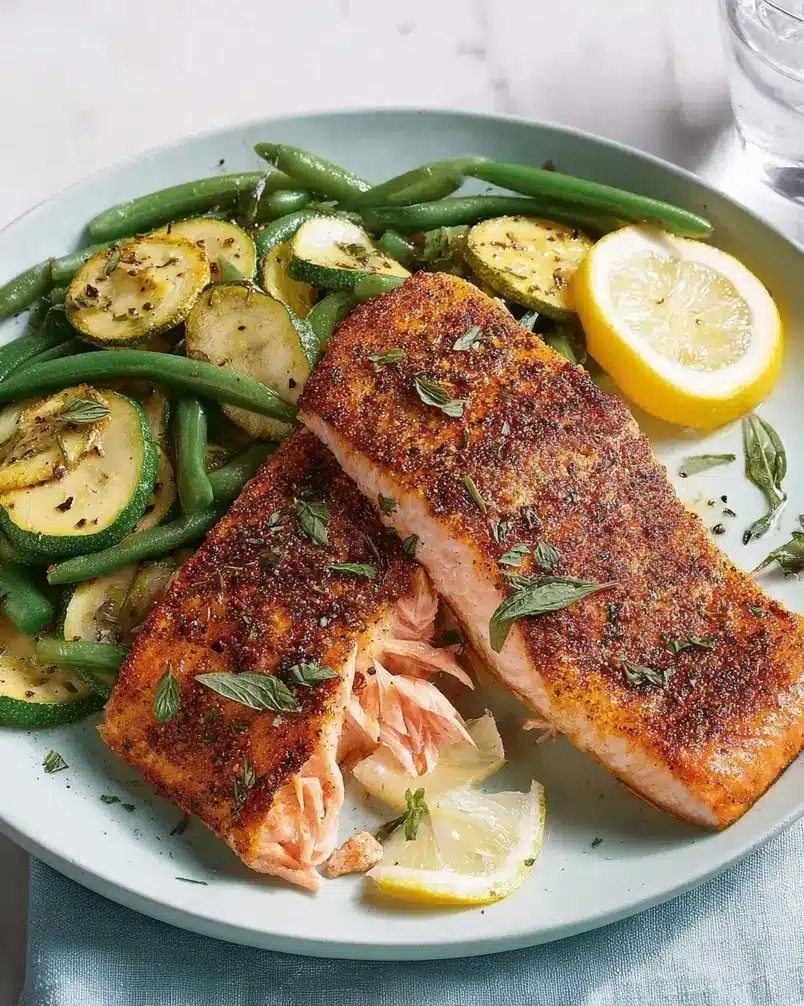 Easy 5-Ingredient Salmon 2 Fresh salmon fillets being seasoned and prepared for cooking