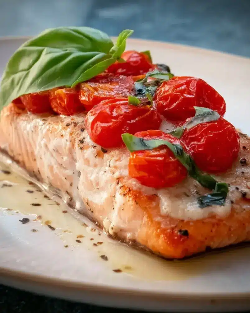Tomato Basil Salmon 3 Salmon fillets sizzling in a pan with cherry tomatoes and basil, showing the cooking process of Tomato Basil Salmon.