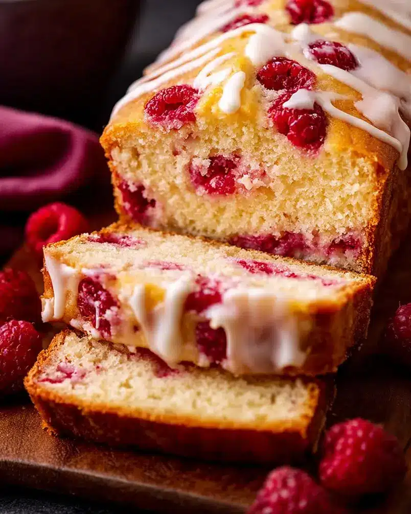Glazed White Chocolate Raspberry Loaf 2 Melted white chocolate being drizzled over a raspberry loaf