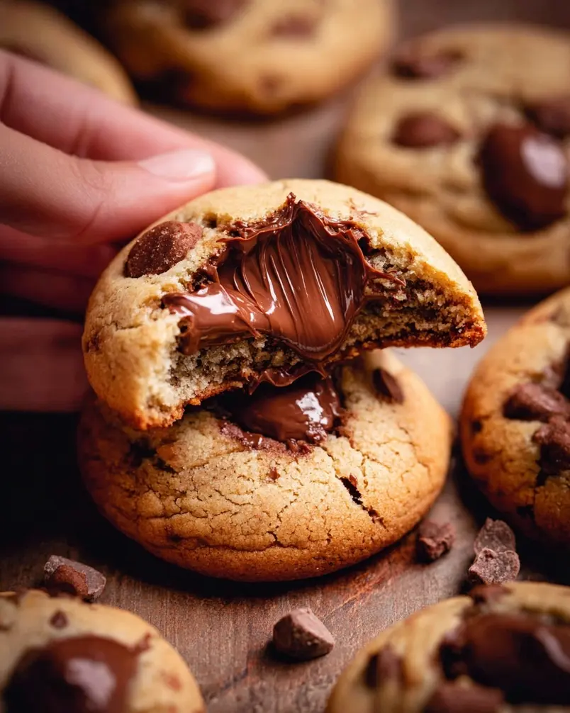Nutella Stuffed Cookies 2 Plump Nutella stuffed cookies with a gooey center, on a baking sheet