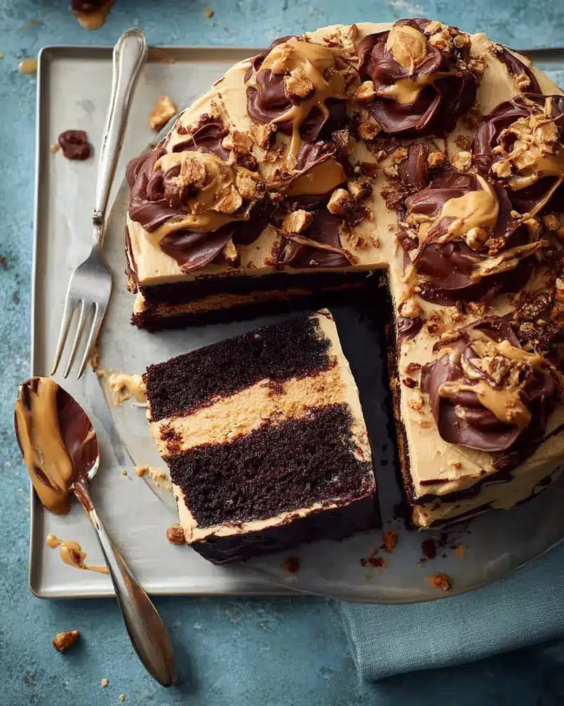 Chocolate Peanut Butter Cake for a crowd 3 Baking a rich chocolate cake in a large round pan, showing the cake batter filling the pan.
