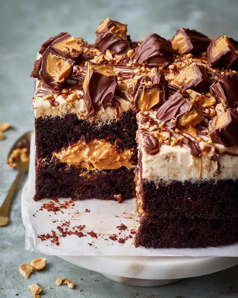 Chocolate Peanut Butter Cake for a crowd 2 Prepping ingredients for a large chocolate peanut butter cake, with bowls of flour, cocoa powder, and peanut butter visible.