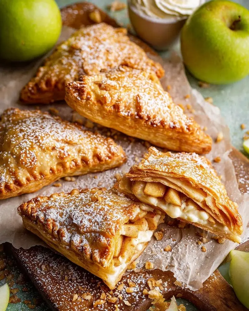 Apple Turnovers – with cream filled option 3 Golden brown apple turnovers baking on a baking sheet