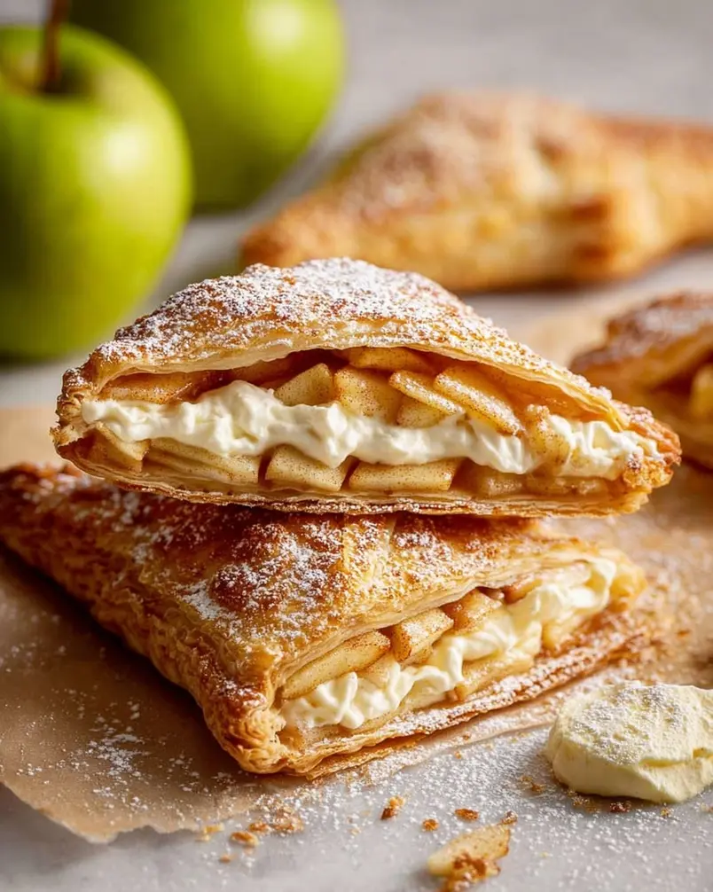 Apple Turnovers – with cream filled option 2 Close-up of fresh apples and pastry dough being prepared for apple turnovers