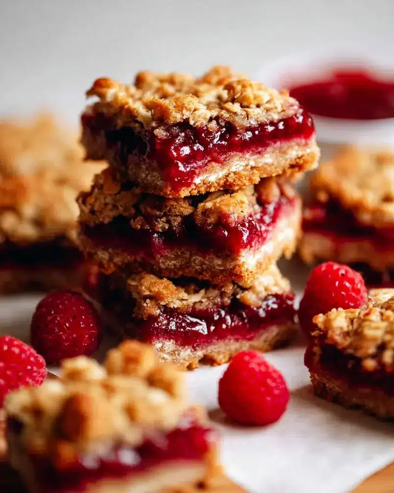 Raspberry Jam Oat Bars 3 Oat mixture being pressed into a baking pan with raspberry jam layered on top