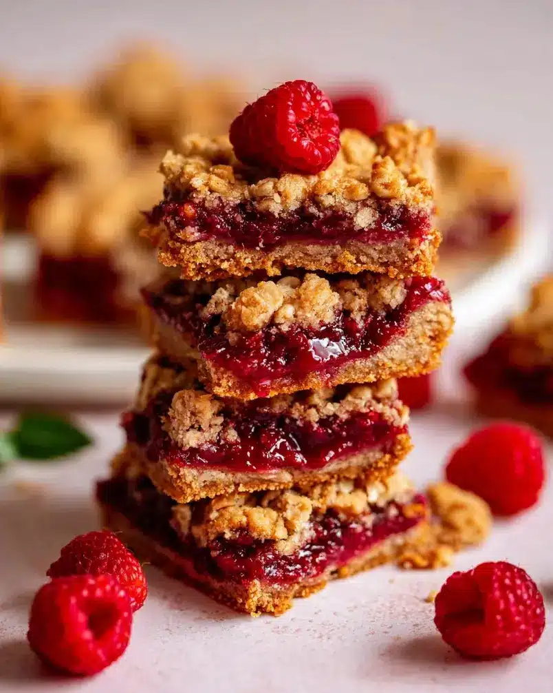 Raspberry Jam Oat Bars 2 Close-up of raspberry jam being spread on an oat mixture for bars