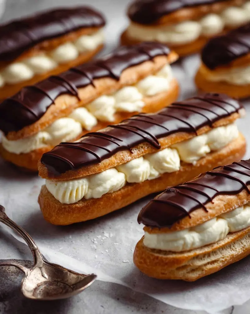 Éclairs 3 Golden brown choux pastry shells cooling on a wire rack, ready for filling.