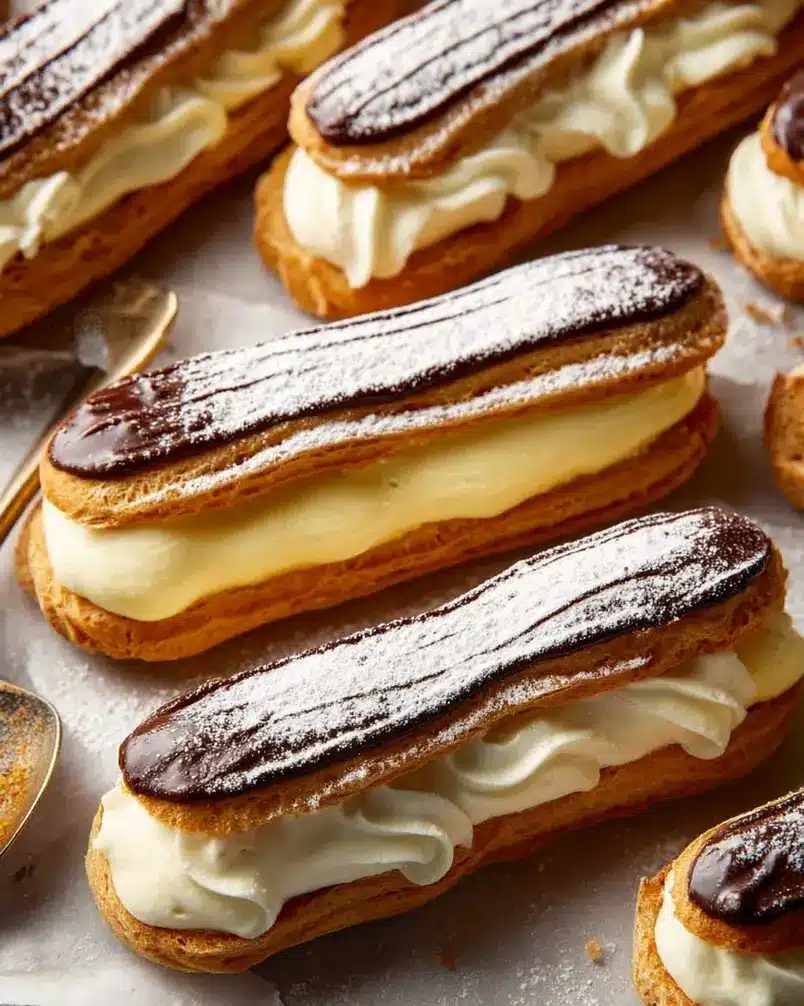 Éclairs 2 Close-up of ingredients being prepared for éclairs, including flour, butter, eggs, and water in bowls.