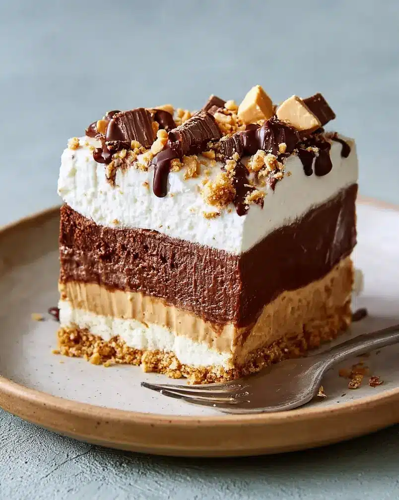 My Chocolate-Peanut Butter Delight Is No-Bake and So Much Easier Than It Looks 2 A person smoothing out a no-bake chocolate peanut butter mixture in a baking pan, ready for chilling.