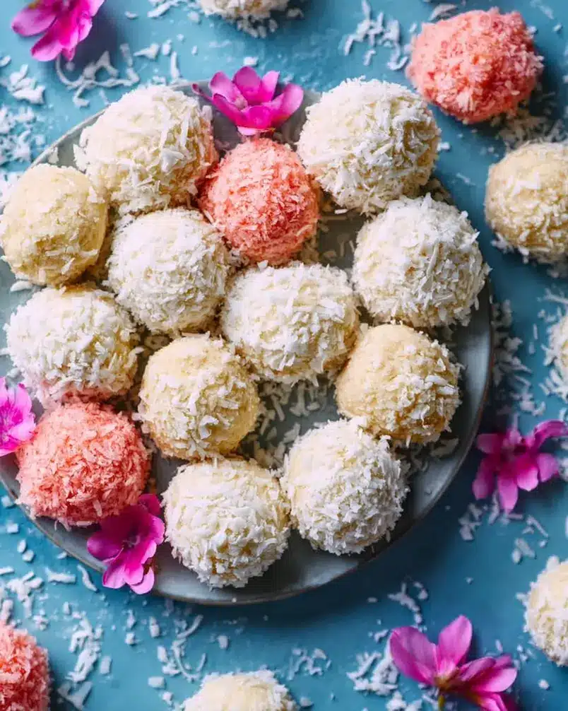 Coconut Cake Snowballs 3 Mixing ingredients in a bowl for Coconut Cake Snowballs