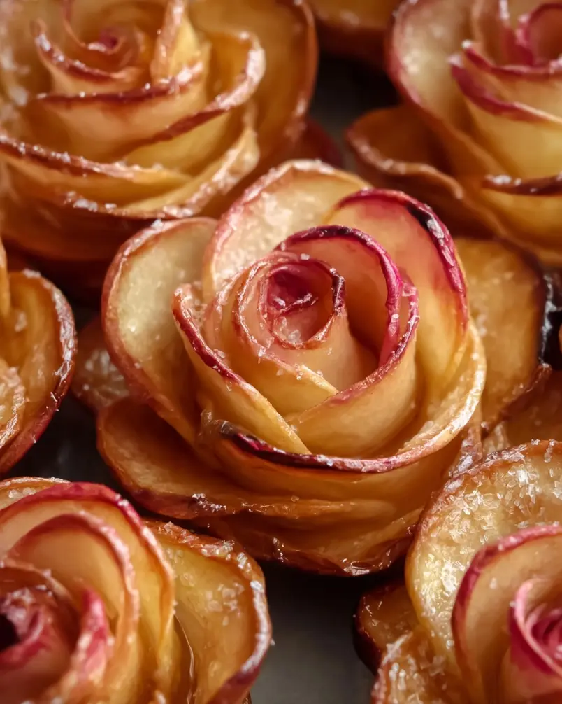 Baked Apple Roses 3 Golden-brown baked apple roses arranged on a baking sheet, with parchment paper underneath