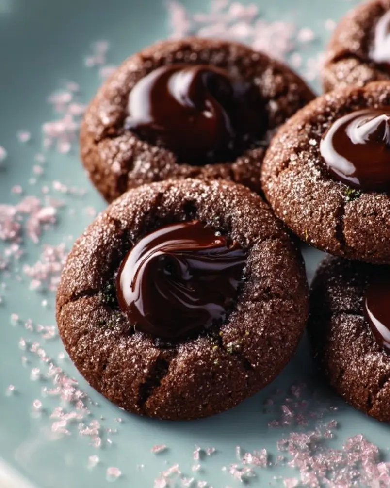 Double-Chocolate Thumbprint Cookies 3 A tray of double-chocolate thumbprint cookies cooling on a wire rack.