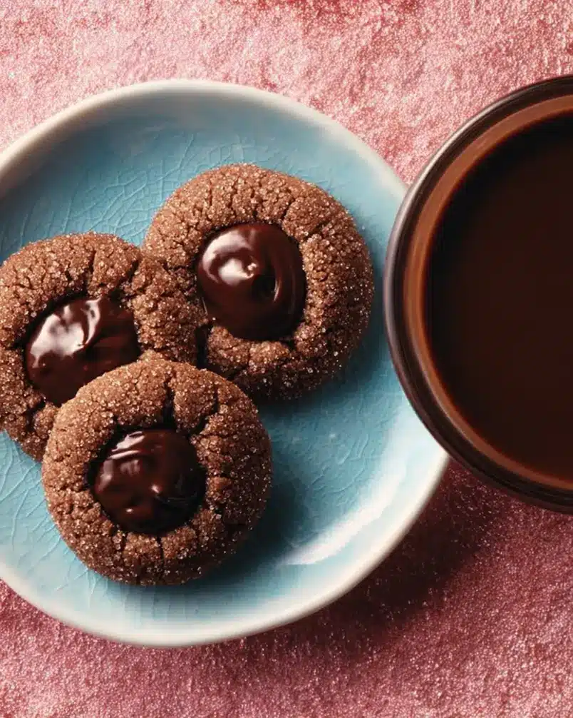 Double-Chocolate Thumbprint Cookies 2 Close-up of dough being pressed to form the thumbprint indentation for double-chocolate thumbprint cookies.