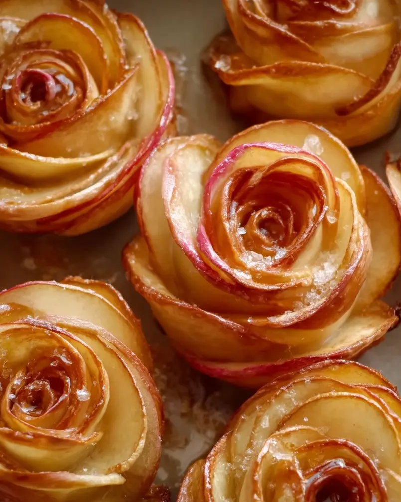 Baked Apple Roses 2 Close-up of thinly sliced apples being arranged into rose shapes on a baking sheet