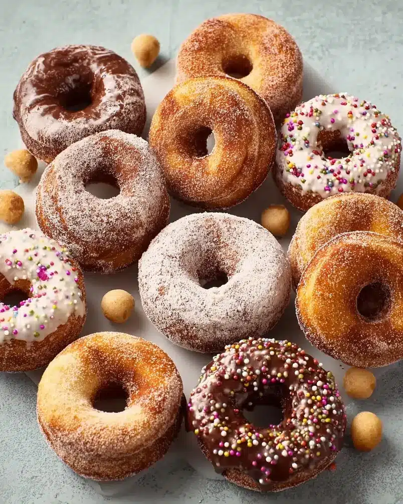 Biscuit Donuts 2 Close-up of golden-brown biscuit donuts dusted with powdered sugar in preparation for glazing.