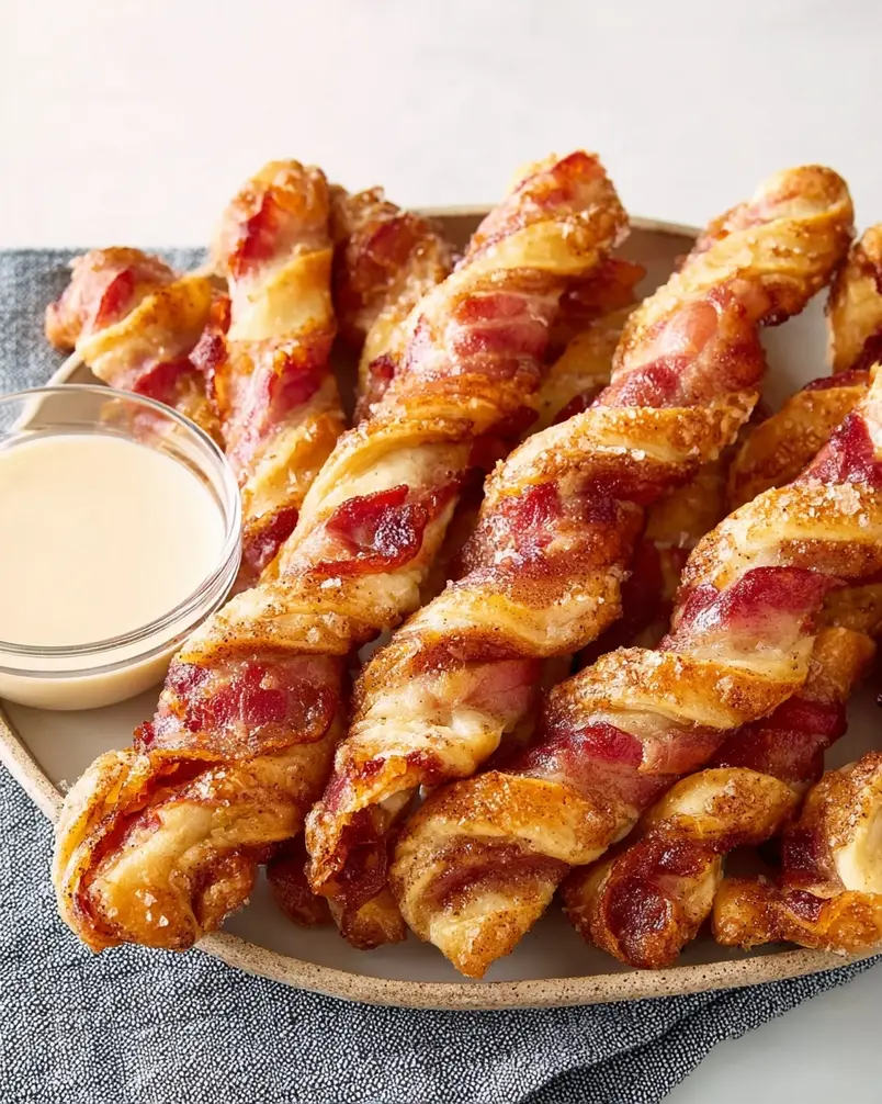 Cinnamon Roll Bacon Twists 3 Close-up of golden-brown Cinnamon Roll Bacon Twists on a baking sheet