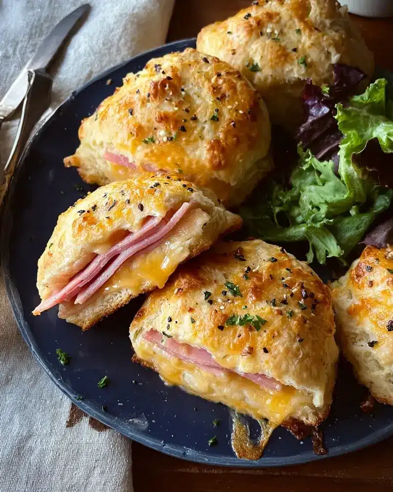 Easy Ham and Cheese Biscuits 2 Flour, butter, and ham being prepared for easy ham and cheese biscuits