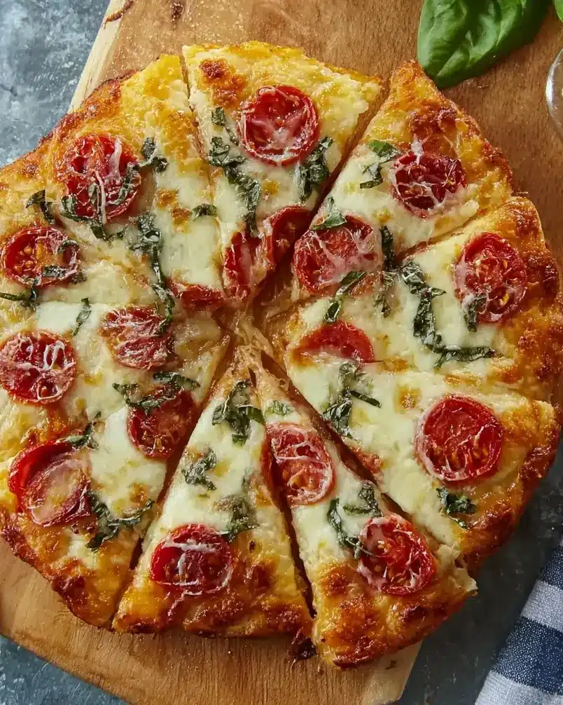 Cheesy-Crust Skillet Pizza 3 Pizza baking in a cast-iron skillet with melted cheese and toppings