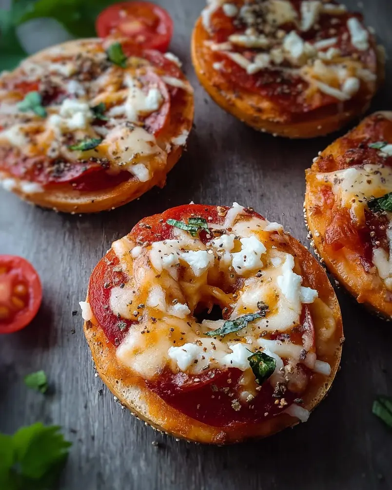 Easy Mini Bagel Pizzas 3 Mini bagel pizzas baking in the oven until golden brown and bubbly