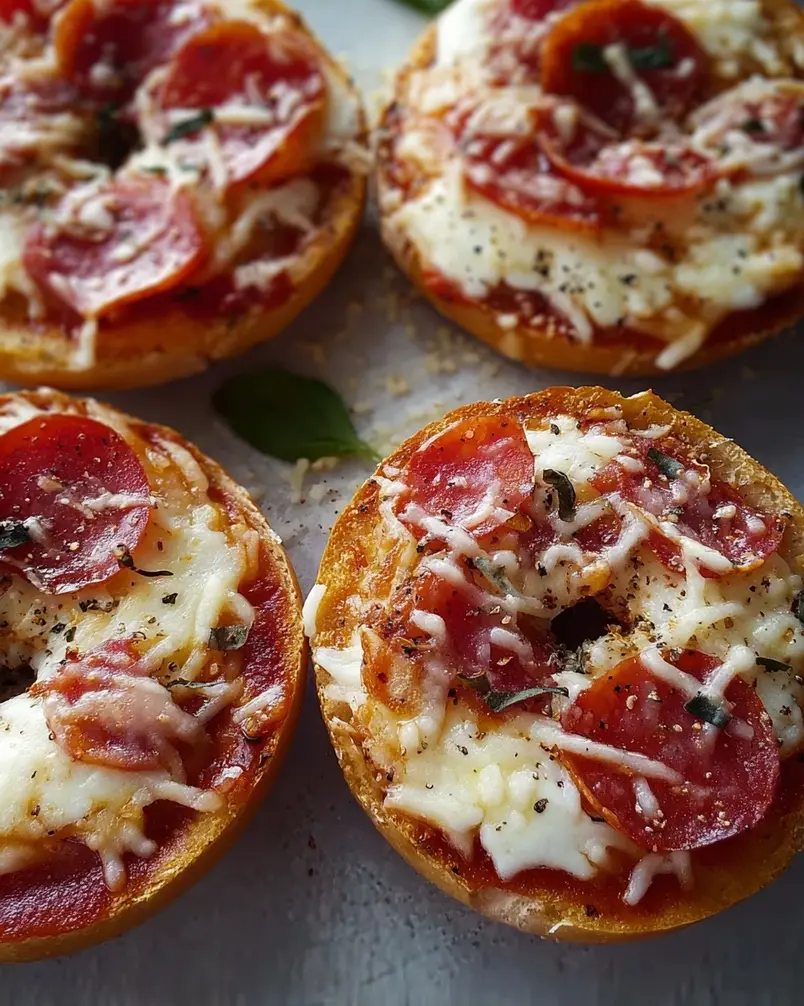 Easy Mini Bagel Pizzas 2 Assembling easy mini bagel pizzas with sauce, cheese, and toppings