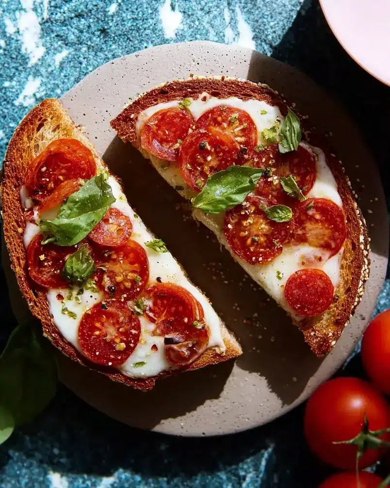 Pizza Lava Toast 3 Pizza Lava Toast being assembled on a baking sheet
