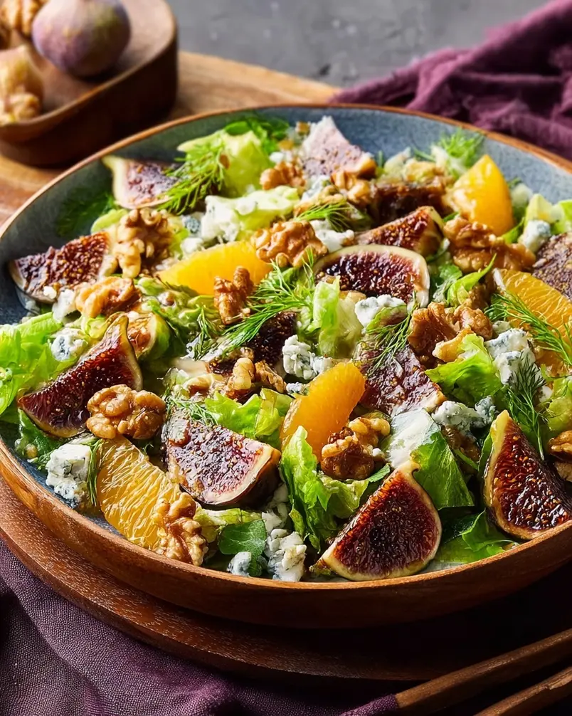 Orange, Fig, and Gorgonzola Salad 2 Fresh ingredients for Orange, Fig, and Gorgonzola Salad laid out on a wooden cutting board, including oranges, fresh figs, gorgonzola cheese, arugula, and walnuts.
