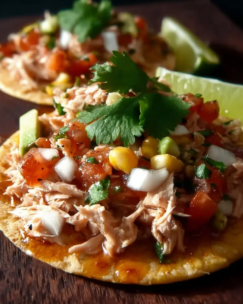Tuna Tostadas 3 A close-up shot of chopped red onion, celery, and herbs being added to a bowl of drained tuna