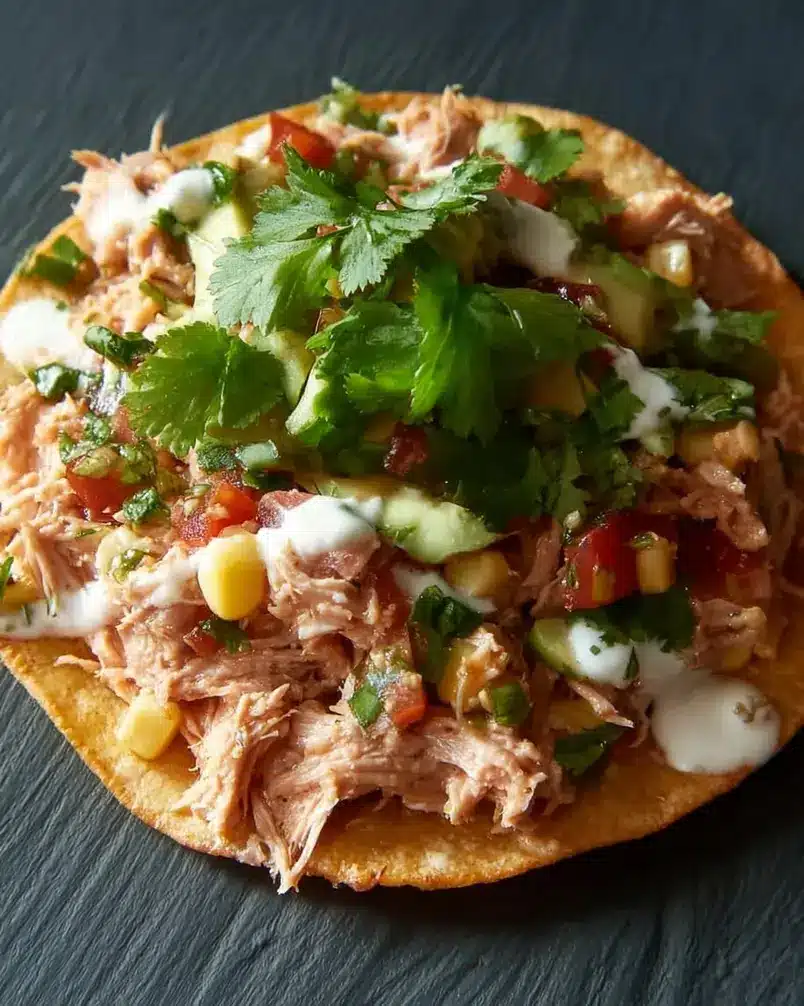 Tuna Tostadas 2 A vibrant plate of tuna tostadas with various fresh toppings and a dish of prepared tuna