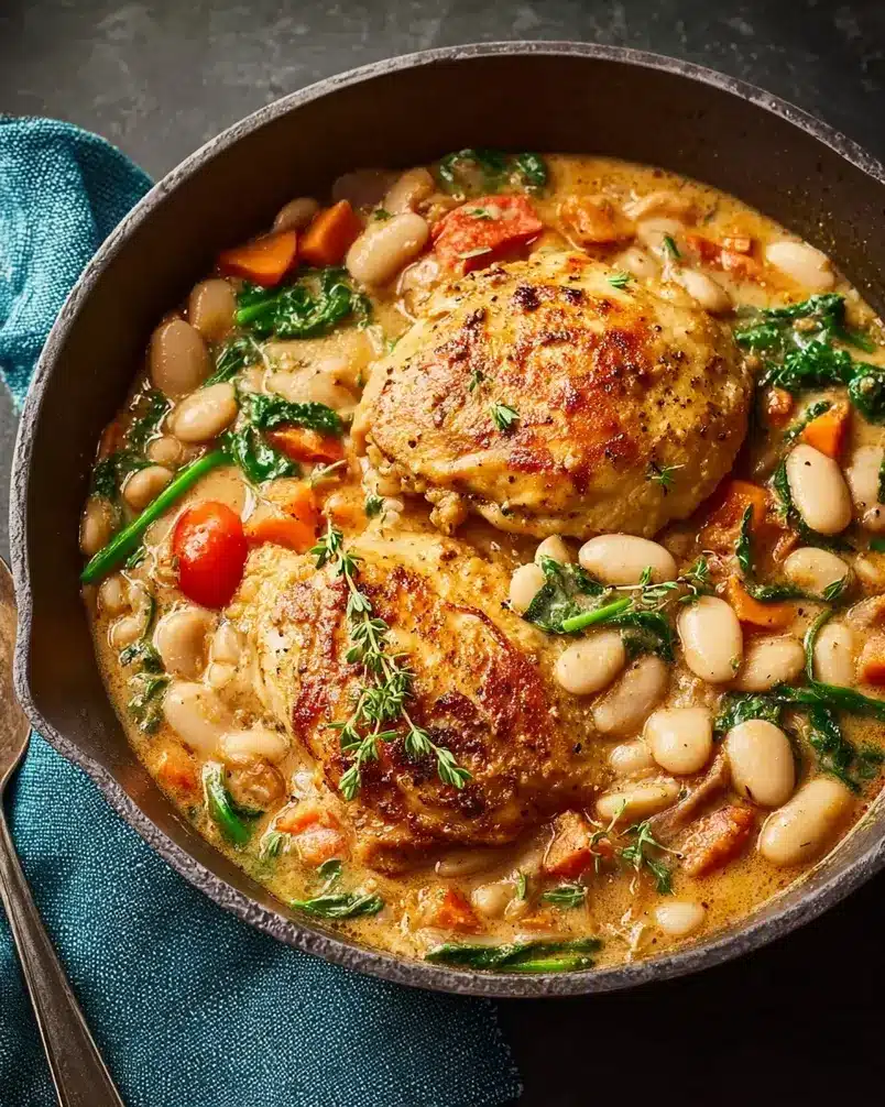 Skillet Chicken and White Bean Stew 3 A skillet filled with simmering chicken, beans, and vegetables.