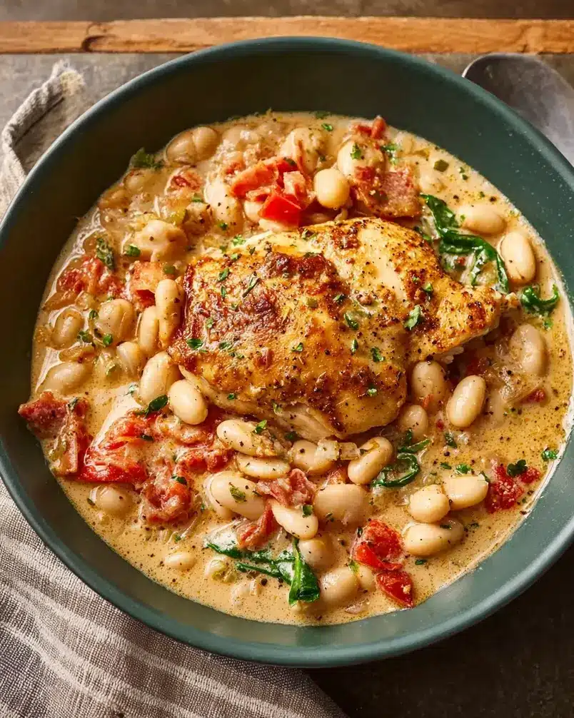 Skillet Chicken and White Bean Stew 2 A close-up of fresh chicken breasts and creamy white beans being prepared for skillet stew.