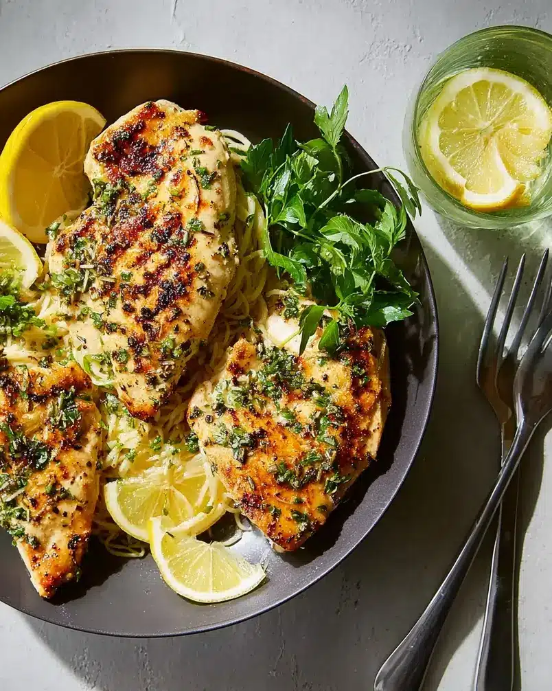 Simple Lemon Herb Chicken 3 Chicken pieces sizzling in a pan with lemon slices and herbs.
