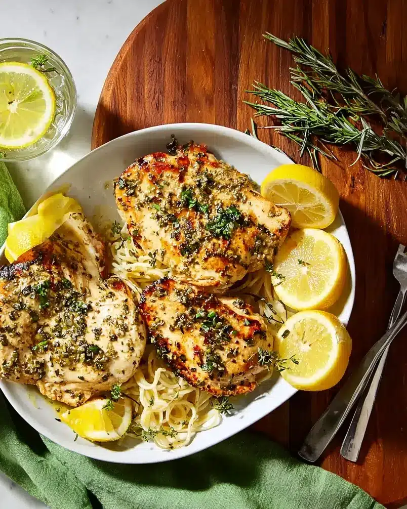 Simple Lemon Herb Chicken 2 Prepped ingredients for Simple Lemon Herb Chicken including chicken pieces, lemons, fresh herbs, garlic, and olive oil.