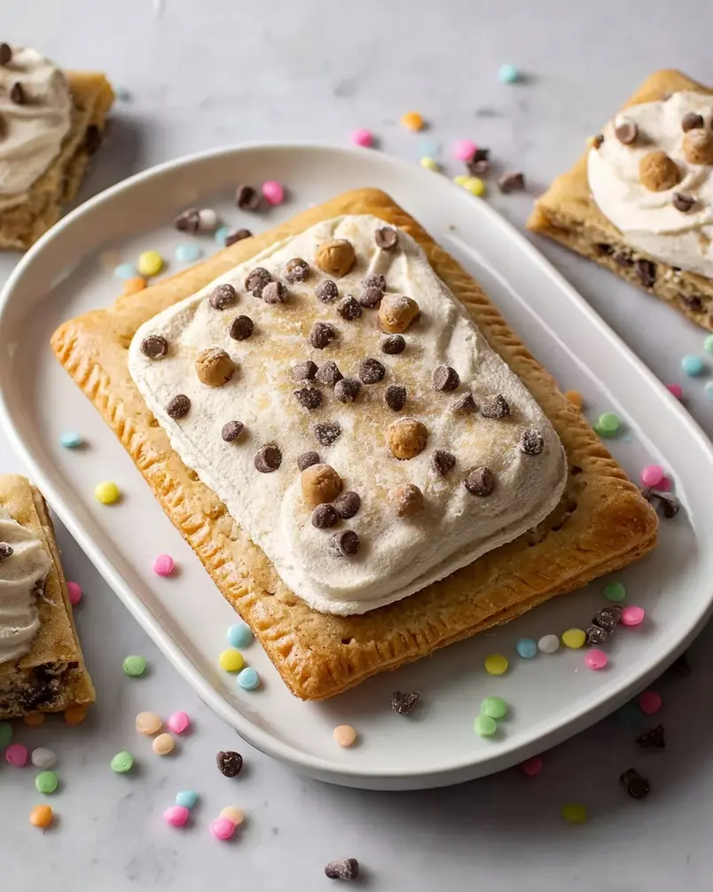 Giant Cookie Dough Pop Tart 2 Close-up of raw cookie dough mixture being prepared for the Giant Cookie Dough Pop Tart, showing chocolate chips and flour