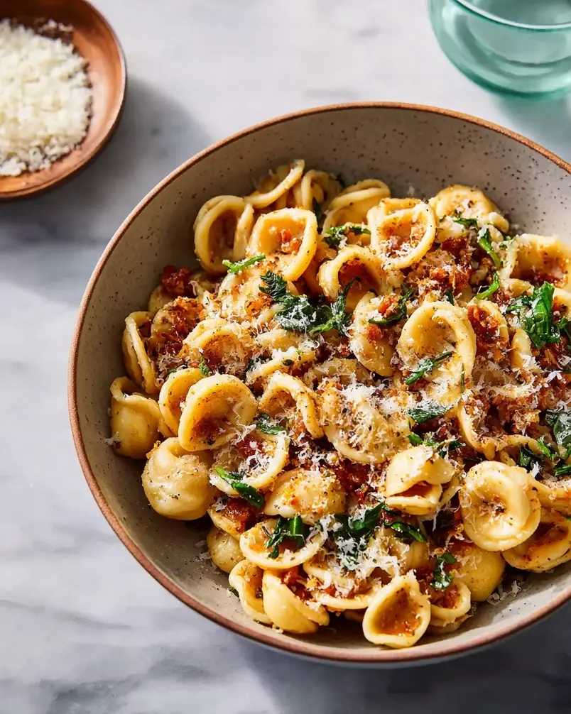 One Pan Orecchiette Pasta 2 Prep work for one pan orecchiette pasta, showcasing chopped vegetables and spices neatly arranged next to raw pasta.