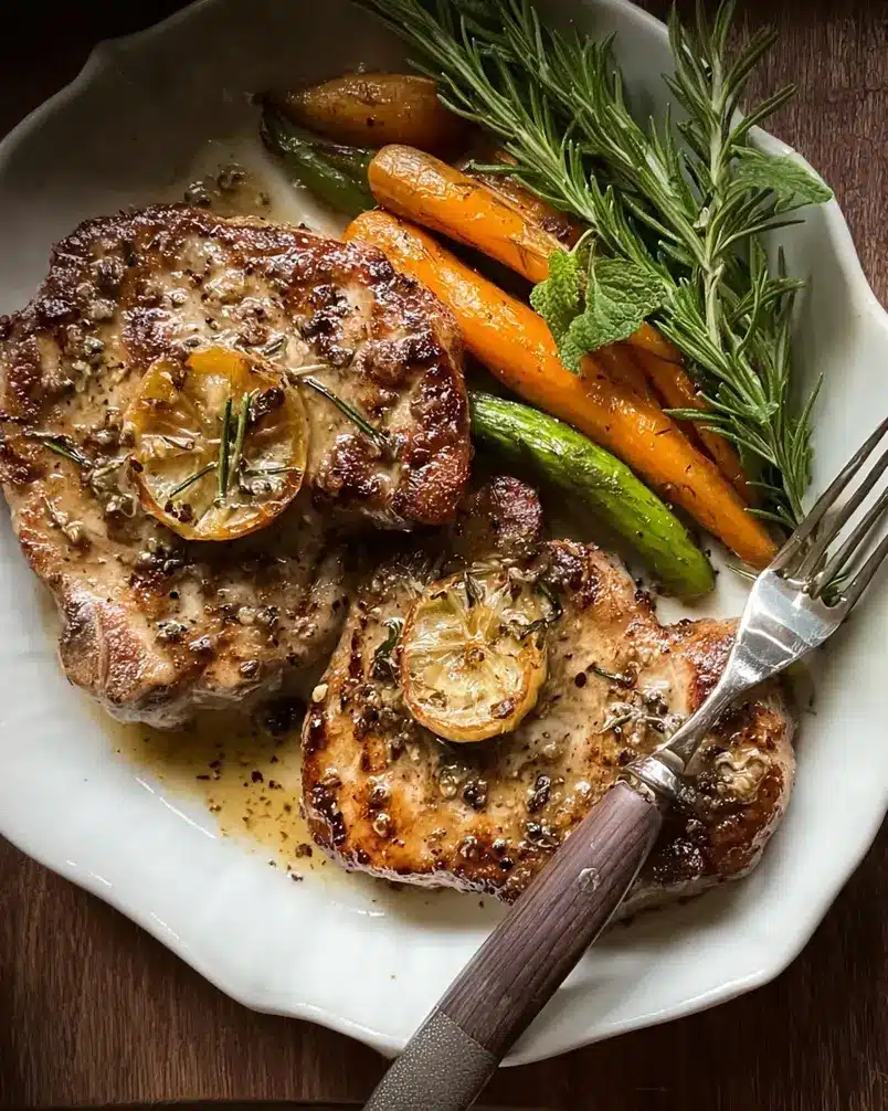 Modenese Pork Chops 3 Sizzling pork chops in a pan with onions and herbs for Modenese Pork Chops