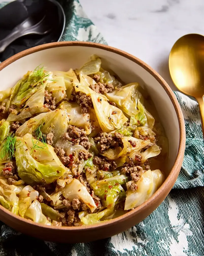 Ground Beef and Cabbage 3 Ground beef and cabbage mixture sizzling in a pan with steam rising