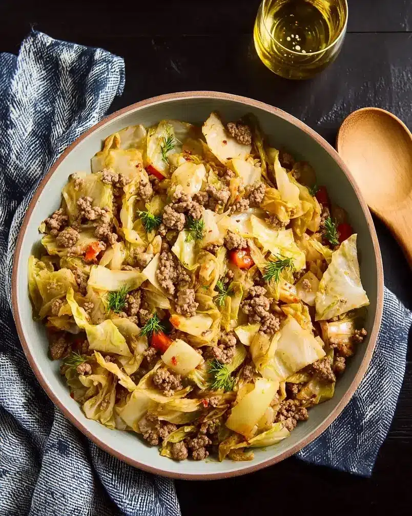 Ground Beef and Cabbage 2 Preparing savory ground beef and shredded cabbage mixture in a large skillet with chopped onions and spices