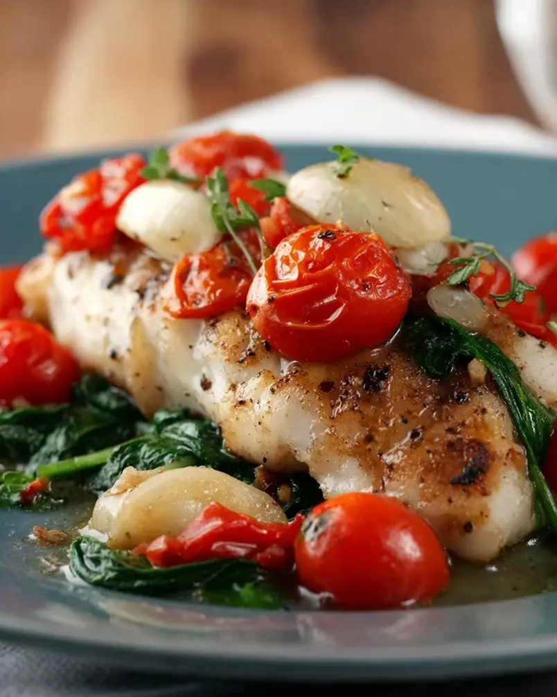 Grilled Cod with Spinach and Tomatoes 3 Close-up of grilled cod fillets sizzling on a grill grate, with colorful cherry tomatoes and spinach visible alongside.