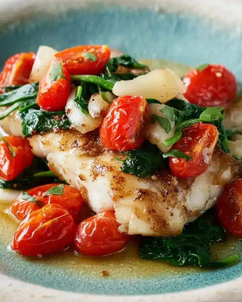 Grilled Cod with Spinach and Tomatoes 2 Preparation of grilled cod with spinach and tomatoes, showing fresh ingredients like cod fillets, olive oil, lemons, spinach, and cherry tomatoes laid out on a clean surface.