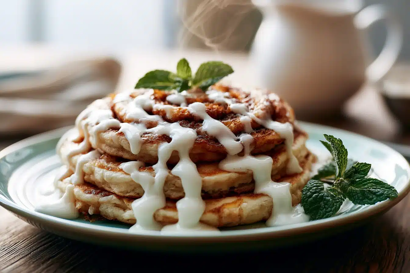 Cinnamon Roll Pancakes with Cream Cheese Glaze 2 Cinnamon Roll Pancakes with Cream Cheese Glaze