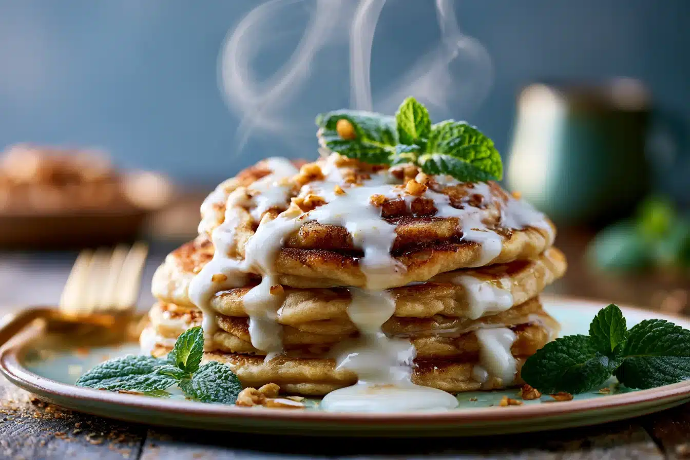 Cinnamon Roll Pancakes with Cream Cheese Glaze 3 Cinnamon Roll Pancakes with Cream Cheese Glaze