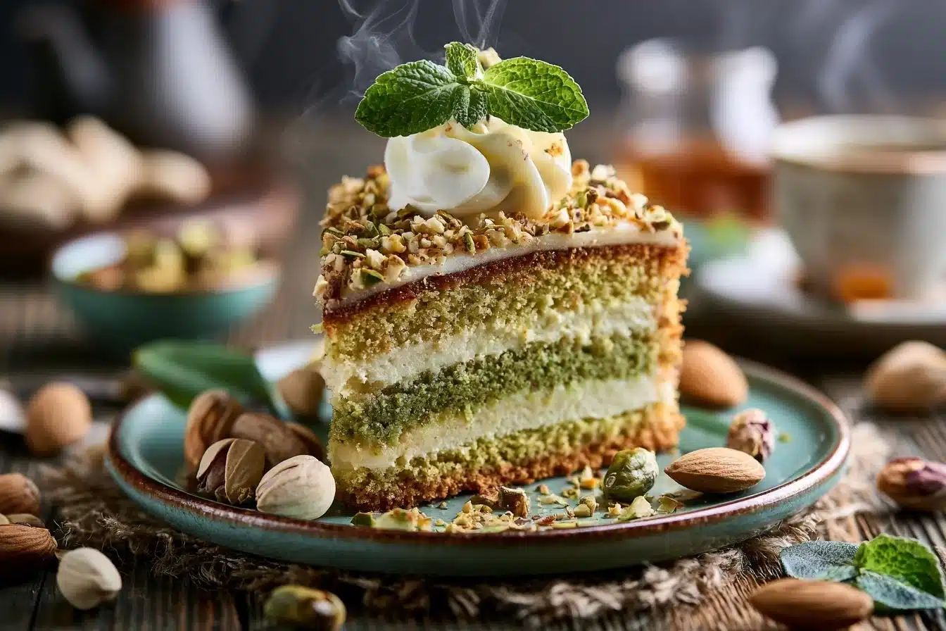 Elegant Pistachio and Almond Layer Cake 2 Elegant Pistachio and Almond Layer Cake with fresh berries and edible flowers