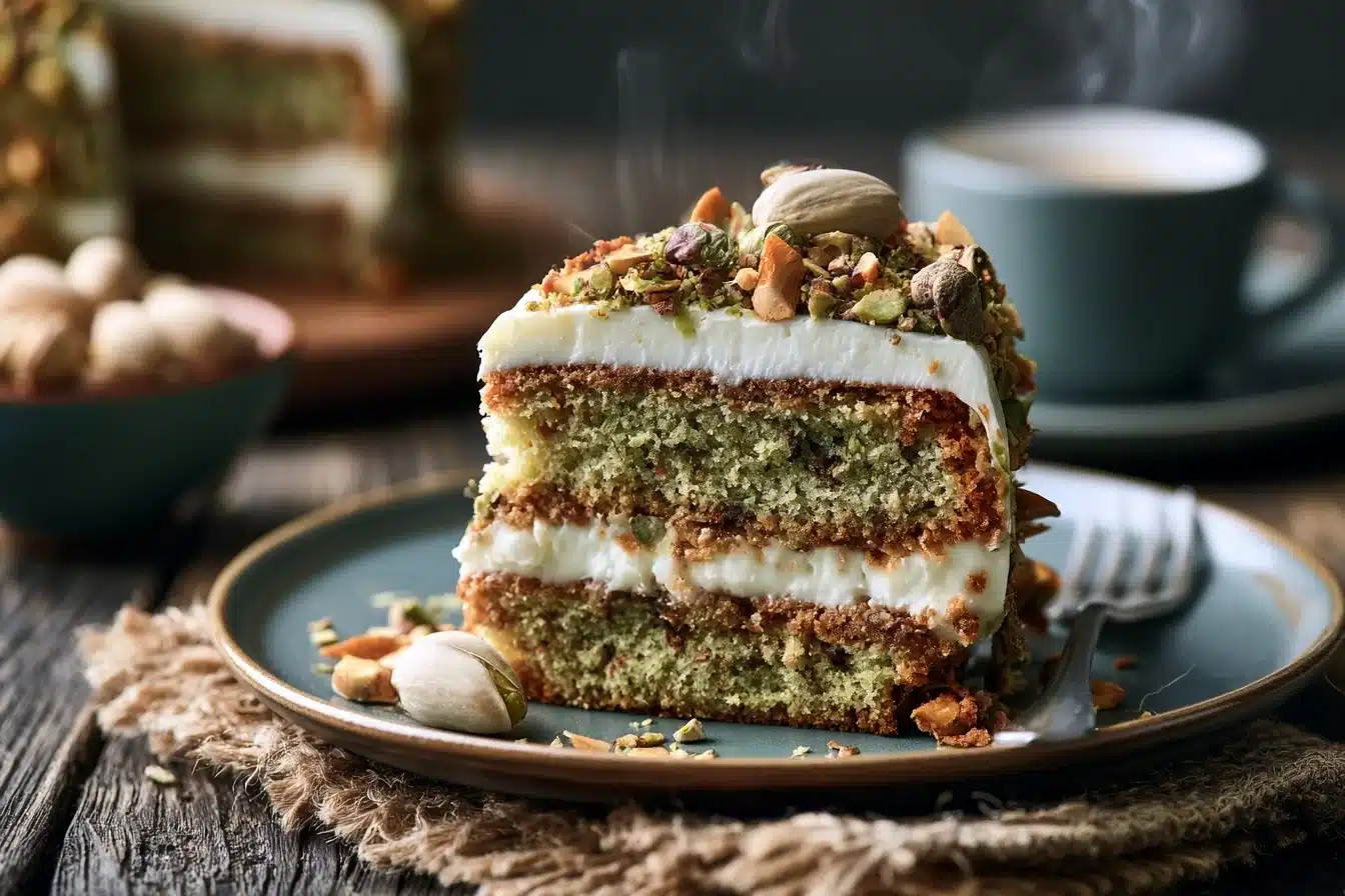 Elegant Pistachio and Almond Layer Cake 3 Cake layers being frosted with almond buttercream