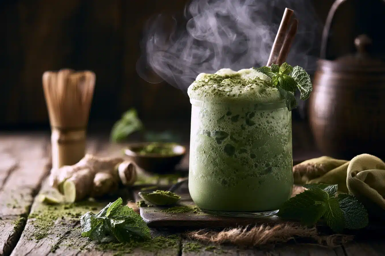 Matcha Green Tea Smoothie 2 Matcha Green Tea Smoothie in a glass with mint garnish