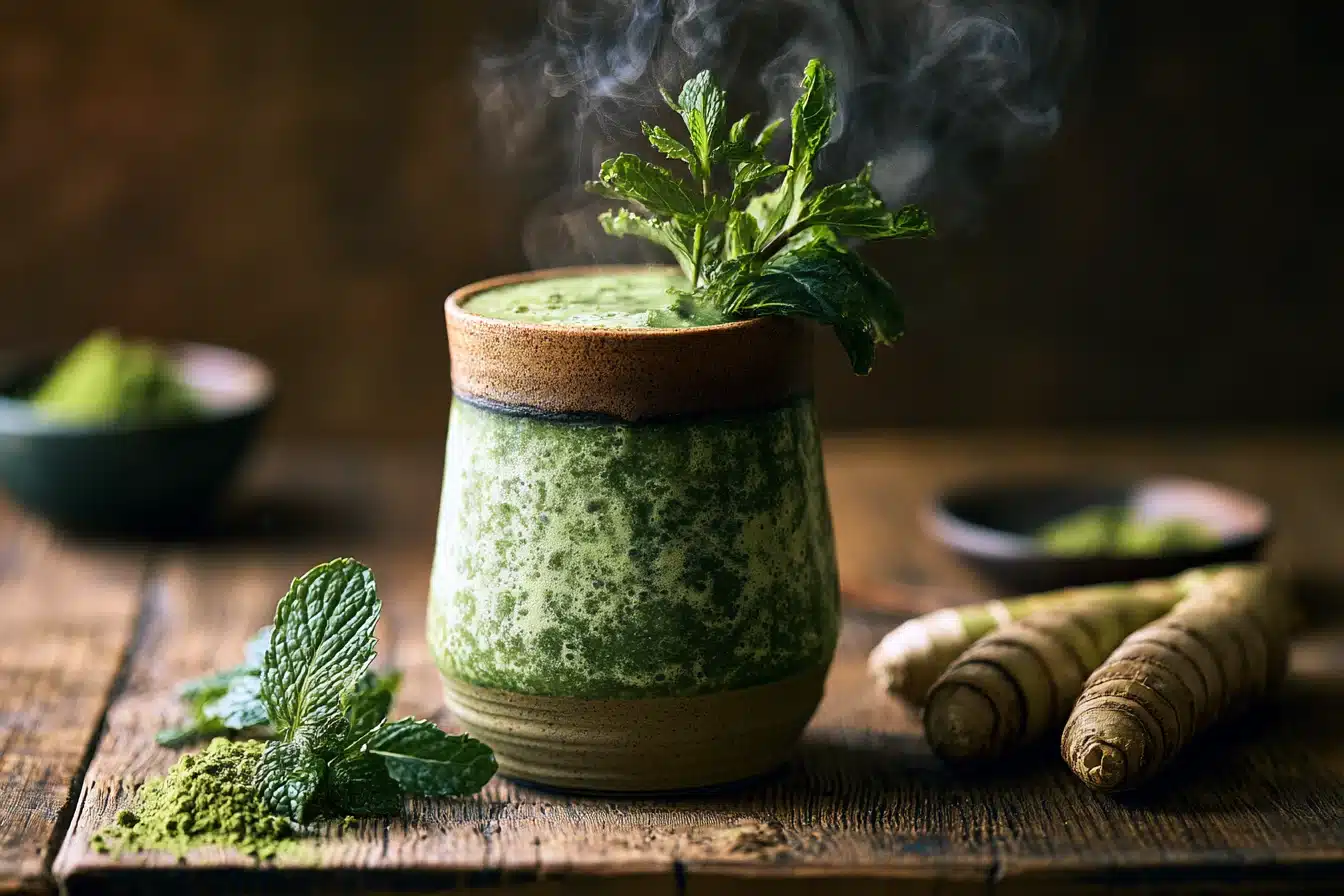 Matcha Green Tea Smoothie 3 Blending Matcha Green Tea Smoothie ingredients in a high-speed blender