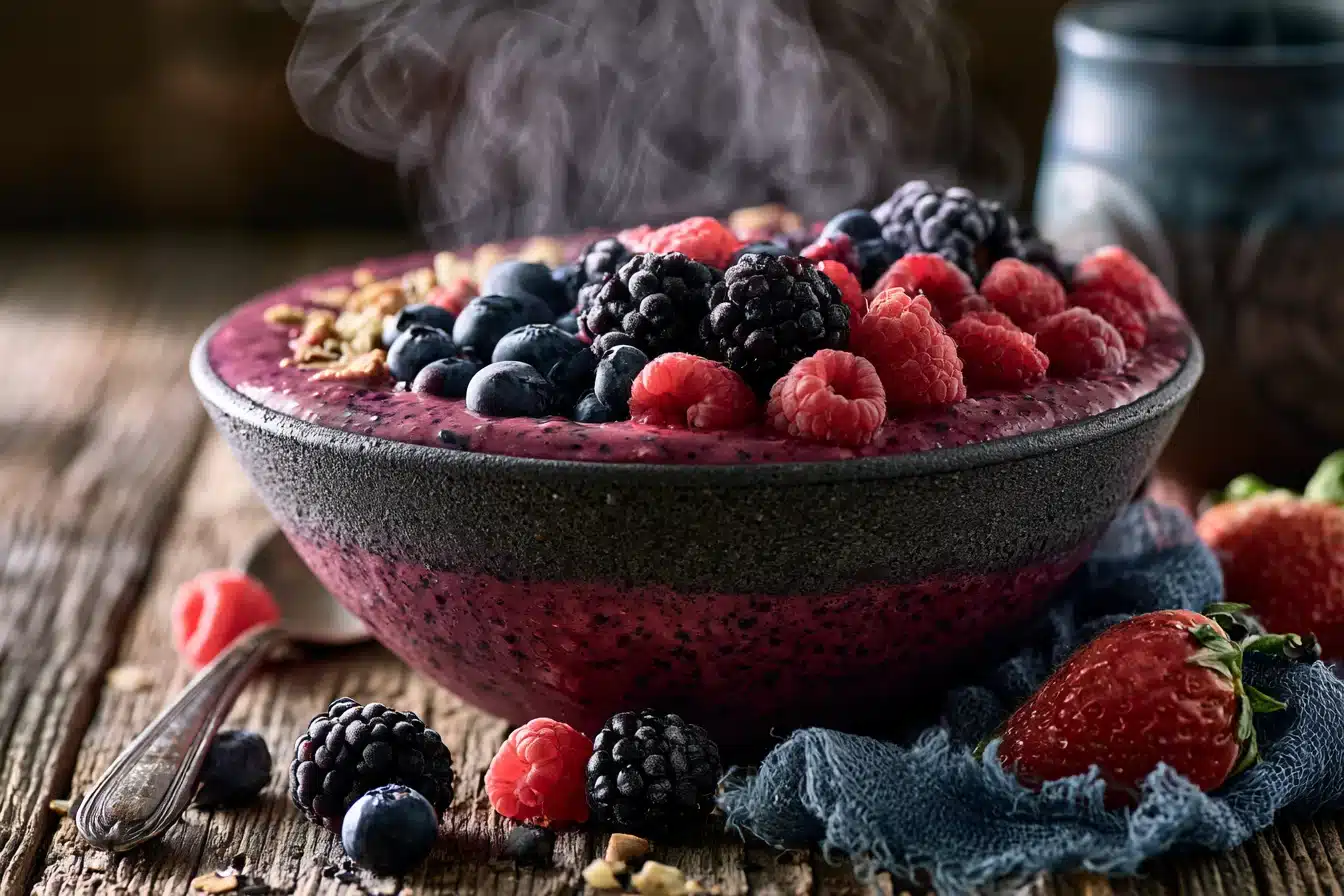 Berry Smoothie Bowl 2 Berry Smoothie Bowl with fresh strawberries, blueberries, and granola toppings