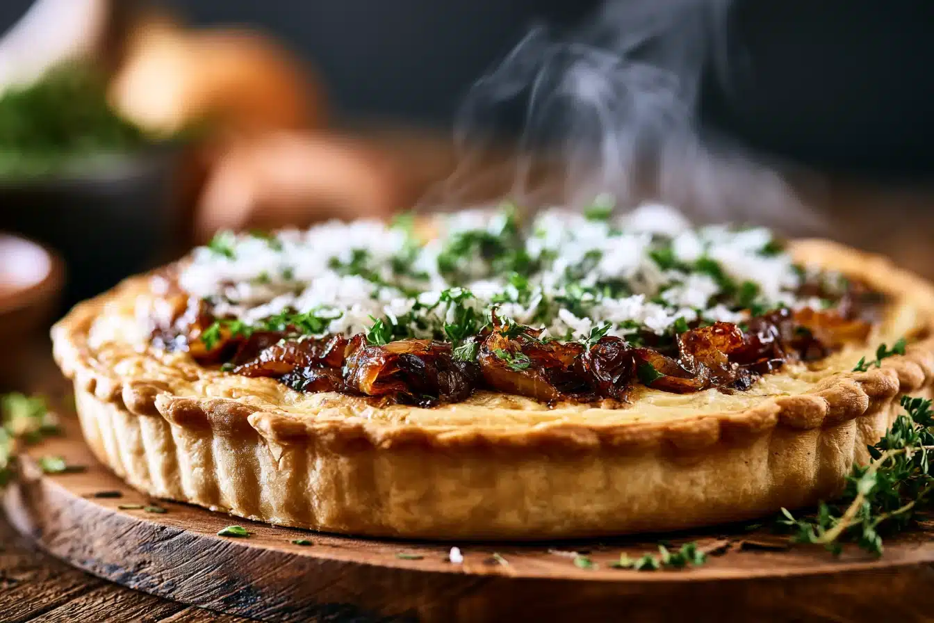 Caramelized Onion Quiche 3 Layering caramelized onions and cheese in the quiche crust