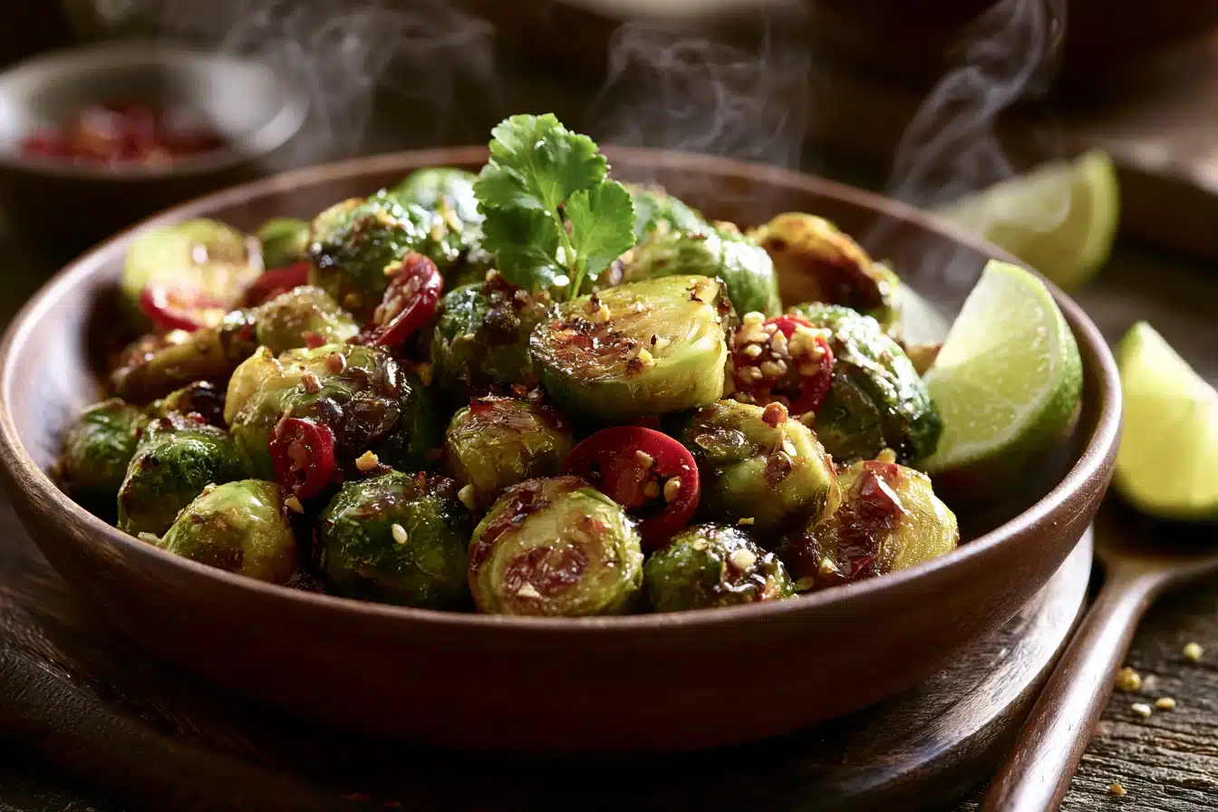 Honey Sriracha Brussels Sprouts 3 Close-up of honey sriracha sauce being drizzled over roasted Brussels sprouts